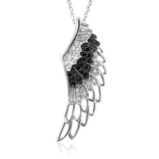 Sterling Silver Angel Feather Wing BLACK and WHITE Diamond Pendant Necklace (HI, I1 I2, 0.25 carat): Jewelry