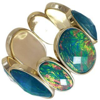 Stunning Iridescent Turquoise Aqua Purple Opalescent Oval Gems Opal Fire Abalone Gold Stretch Bracelet Bangle Cuff Fashion Jewelry: Jewelry