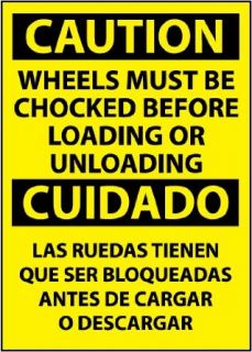 NMC ESC70PC Bilingual OSHA Sign, Legend "CAUTION   WHEELS MUST BE CHOCKED BEFORE LOADING OR UNLOADING", 14" Length x 20" Height, Pressure Sensitive Vinyl, Black On Yellow: Industrial Warning Signs: Industrial & Scientific