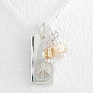Rectangular Peace Tag with Cut Out Design in Sterling Silver with Citrine Gemstone Beads on an 18" Sterling Bead Chain, #8348: Pendant Necklaces: Jewelry