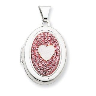 Sterling Silver 21mm Oval Single Heart Plain Light Rose Crystal Locket: Jewelry