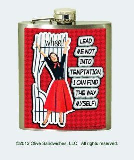 Trendy Vintage "Lead Me Not Into Temptation, I Can Find The Way Myself" 7 Oz Party Flask: Kitchen & Dining
