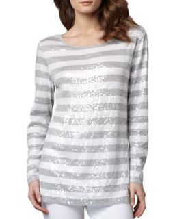 Womens Sequined Striped Tunic   Joan Vass   Grey hthr/Brt wh (1 (6/8))