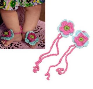 AllHeartDesires 1 Pair Newborn Baby Girl Boy Infant Crochet Barefoot Sandals Flower Footwear Shoes Photo Prop Hot Pink&Blue+Free Gift,Lace Doilies,Random Colors: Shoes