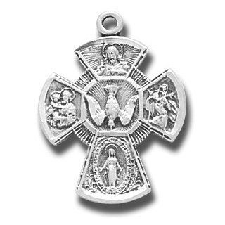 Sterling Silver Medal Small 4 way Jesus Mary St. Joseph St. Christopher with 18" Stainless Chain in Gift Box. Catholic Saint Christopher Patron Saint of Bookbinders, Epilepsy, Gardeners, Mariners, Pestilence, Thunder storms, Travelers, Travel, Motoris