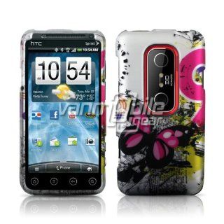 HTC EVO 3D (Sprint)   White/Pink Abstract Butterfly Design Hard 2 Pc Case Cover: Cell Phones & Accessories