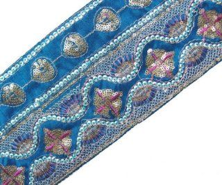 1 Yd Wide Blue Fabric Copper Gold Sequin Embroidery Trim Fabric Ribbon Free Shipping Worldwide
