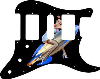 Pin Up Girl Rockets Away BK Graphical Strat HSH 11 Hole Pickguard Musical Instruments