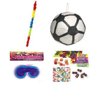 Soccer Ball Pinata Party Pack/Kit Including Pinata, Bit of Everyones Favorites Candy Filler Mix 3lb, Buster Stick and Blindfold: Toys & Games