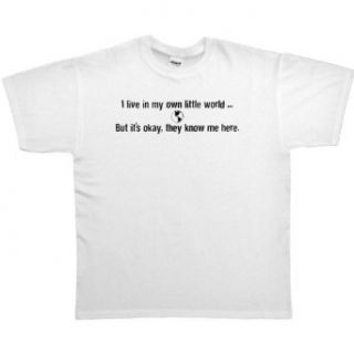 MENS T SHIRT : ASH   LARGE   I Live In My Own Little World But It's Okay They Know Me Here   Funny One Liner: Clothing