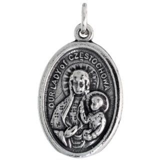 Sterling Silver Our Lady of Czestochowa / Joannes Paulus II Oval shaped Medal Pendant, 7/8 inch (23 mm) tall: Jewelry