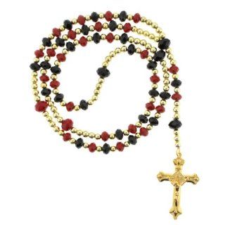 Gold Plated Rosary Styled Necklace with 10mm and 8mm Faceted Rondell Beads   Black and Red   30" Necklace   20" Overall Length: Jewelry