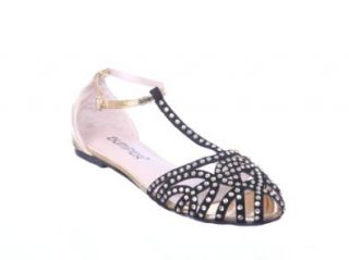 Rhinestone Caged Ankle Jeweled Cut Out Caged Flat Sandal: Shoes