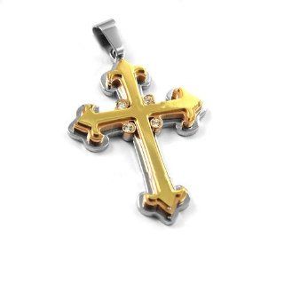 New Stainless Steel 2 Tone Medieval Double Cross Pendant With Cz's & Free Chain   Length 23.6" + UK Shipped Within 24hrs Of Order Placed + Gift Packaging Included!: Jewelry