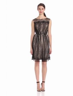 Adrianna Papell Women's Pleats Placed Lace Shift Dress, Black, 6