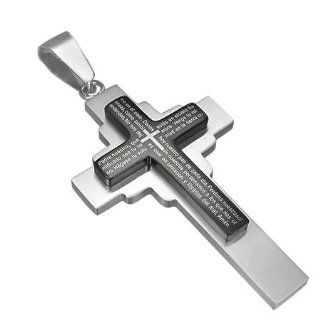 New Stainless Steel 2 Tone The Lords Prayer Double Cross Pendant With Spanish Scripture & Free Chain   Length 23.6" + UK Shipped Within 24hrs Of Order Placed + Gift Packaging Included!: Jewelry