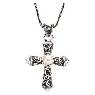925 Sterling And 14K Yellow Gold And Sterling Silver Freshwater Cult Pearl Cross Pendant W 1: Pendant Necklaces: Jewelry
