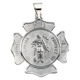 14K White Gold St Florian Pend Medal Charm Pendant Shield: Jewelry