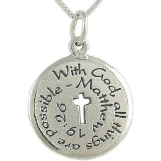 Sterling Silver "With God All Things Are Possible Matthew 1926" Double Sided Pendant on 18" Box Chain Pendant Necklaces Jewelry