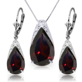 14k 24" White Gold Garnet Drop Necklace and Earrings Set: Jewelry