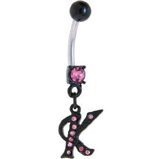 Black Anodized Pink Jeweled Initial Belly Ring Letter K: Belly Button Piercing Rings: Jewelry