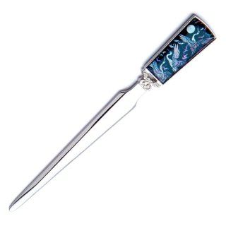 Mother of Pearl Black Bird Metal Steel Knife Office Sword Blade Hand Envelope Letter Opener with Crane and Moon Design : Office Products