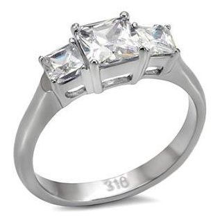Stainless Steel Square Princess Cubic Zirconia Past Present & Future Ring: Jewelry