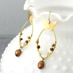 Brass Butterfly and Bronze Pearl Drop Earrings (4 10 mm) (Thailand) Earrings