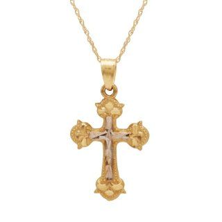 10k Yellow Gold Polished Diamond Cut Cross Pendant Necklace , 18": Jewelry