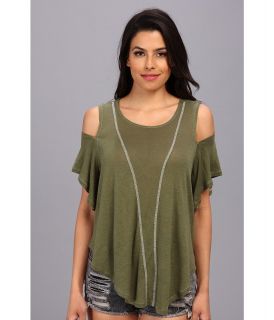 Free People Cold Shoulder Seamed Top Womens Blouse (Olive)
