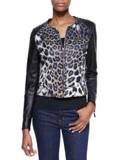Womens Leopard Print Degrade Leather Moto Jacket   Just Cavalli   Natural (42)