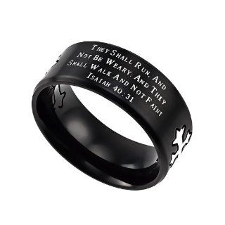 Christian Mens Stainless Steel Abstinence Black "They That Wait Upon The Lord Shall Renew Their Strength; The Shall Mount Up With Wings As Eagle" Isaiah 40:31 Cross Comfort Fit Chastity Ring for Boys   Guys Purity Ring: Jewelry