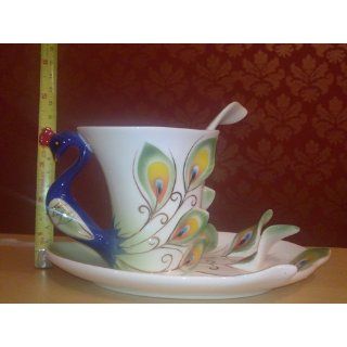Claybox Hand Crafted Porcelain Enamel Graceful Peacock Tea Coffee Cup Set with Saucer and Spoon, Green: Kitchen & Dining