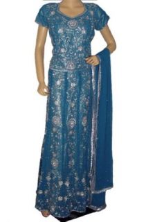Blue Lehnga Sharara Skirt Indian Wedding Wear Dress Designer Lehenga Choli L: World Apparel: Clothing