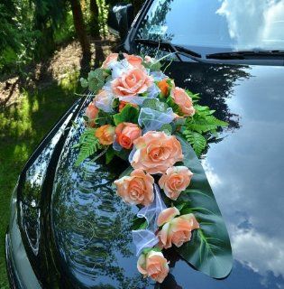 Autoschmuck Autodeko Hochzeit Dekor Verschiedene Variante Komplett (Blumestrau + Hochzeitstauben   orange): Küche & Haushalt