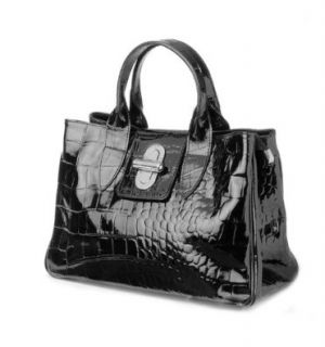 ital Luxus echt Lack LEDER Handtasche Henkeltasche schwarz Kroko Optik, 36,5x24x18 cm (B x H x T): Schuhe & Handtaschen