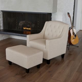 Elaine Tufted Fabric Club Chair and Ottoman   Beige   Accent Chairs