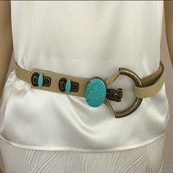 Nude Leather Belt with Turquoise and Hammered Antique Gold Buckle