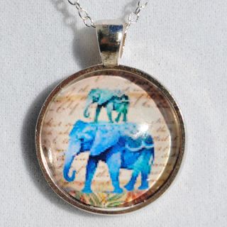 Sterling Silver Blue Elephant on Parade Glass Dome Necklace
