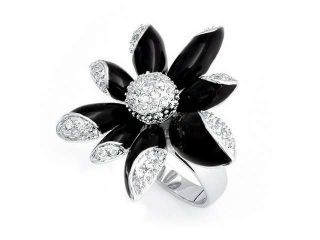 Mothers Day Gifts Black Enamel White CZ Flower Cocktail Ring Rhodium Plated