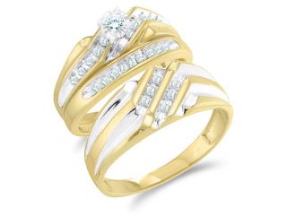 10K Yellow and White Two Tone Gold Diamond Trio 3 Ring His & Hers Set   Solitaire Setting w/ Channel Set Round Diamonds   (1/3 cttw, G H, SI2)   SEE "OVERVIEW" TO CHOOSE BOTH SIZES