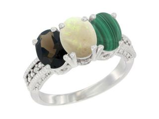 14K White Gold Natural Smoky Topaz, Opal & Malachite Ring 3 Stone 7x5 mm Oval Diamond Accent, sizes 5   10