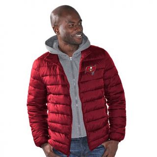 Officially Licensed NFL Three Point Quilted Jacket with Detachable Hood   Bucs   7758621