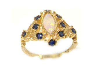 Luxury 9K Yellow Gold Womens Fiery Marquise Opal & Sapphire English Victorian Style Ring   Size 10.5   Finger Sizes 5 to 12 Available