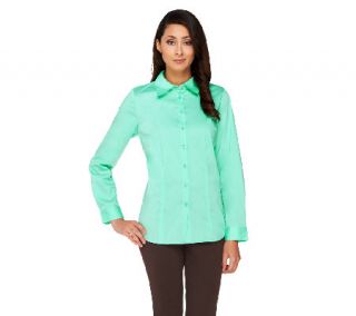 As Is Susan Graver Stretch Woven Long Sleeve Button Front Shirt —