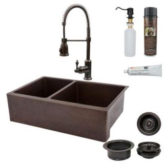 Premier Copper Products All in One Undermount Copper 33 in. 0 Hole 40/60 Double Basin Kitchen Sink in Oil Rubbed Bronze KSP4_KA40DB33229