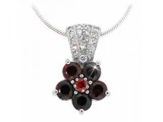 Sterling Silver Simulated Diamond CZ and Red Cubic Zirconia Pave Flower Pendant
