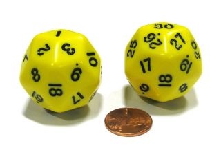 Set of 2 Triantakohedron D30 30 Sided 33mm Jumbo Dice   Yellow w Black Numbers