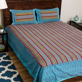 Multi Color Bedspread + Pillowcases with Kantha Stitch Embroidery and