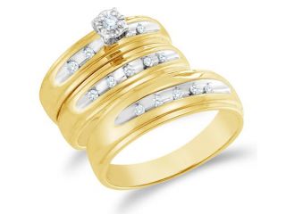 10K Yellow and White Two Tone Gold Diamond Trio 3 Ring His & Hers Set   Solitaire Setting w/ Channel Set Round Diamonds   (1/5 cttw, G H, SI2)   SEE "OVERVIEW" TO CHOOSE BOTH SIZES